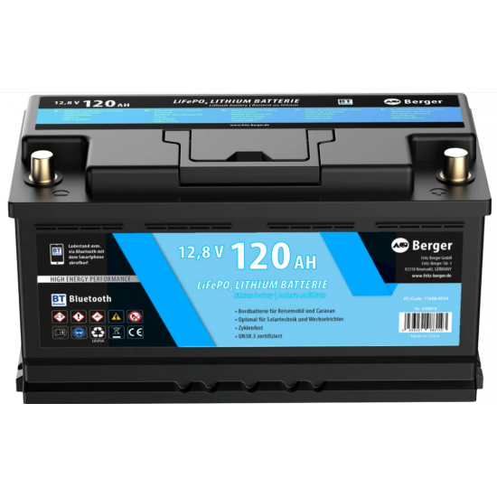Batteria al Litio Berger LiFePO4 120 Ah 12 V con Bluetooth