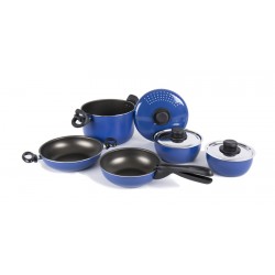 Set pentole in alluminio 9 pezzi blu/nero con rivestimento anti-aderente - ideale per campeggio