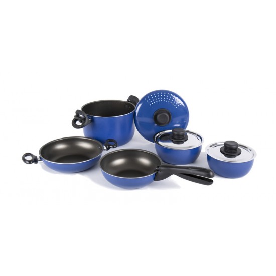 Set pentole in alluminio 9 pezzi blu/nero con rivestimento anti-aderente - ideale per campeggio