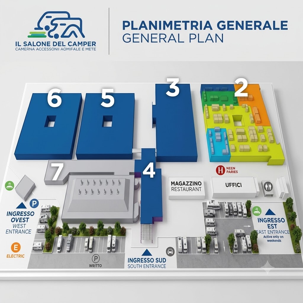 Piantina del quartiere fieristico con la posizione degli stand Beltrani al Salone del Camper 2026