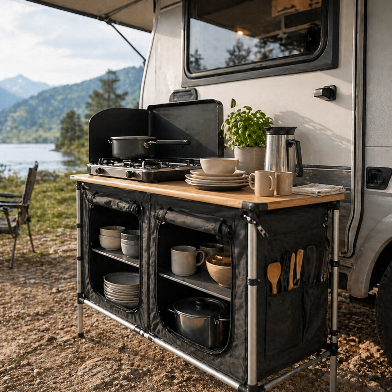 Attrezzature, piatti, ciotole e mobili cucina da campeggio per camper