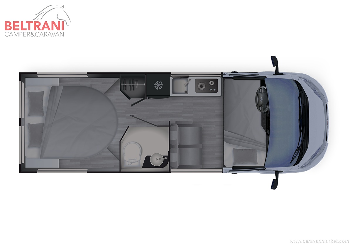 Pianta del Dreamer D64 Select con letto nautico centrale, bagno, cucina e panca