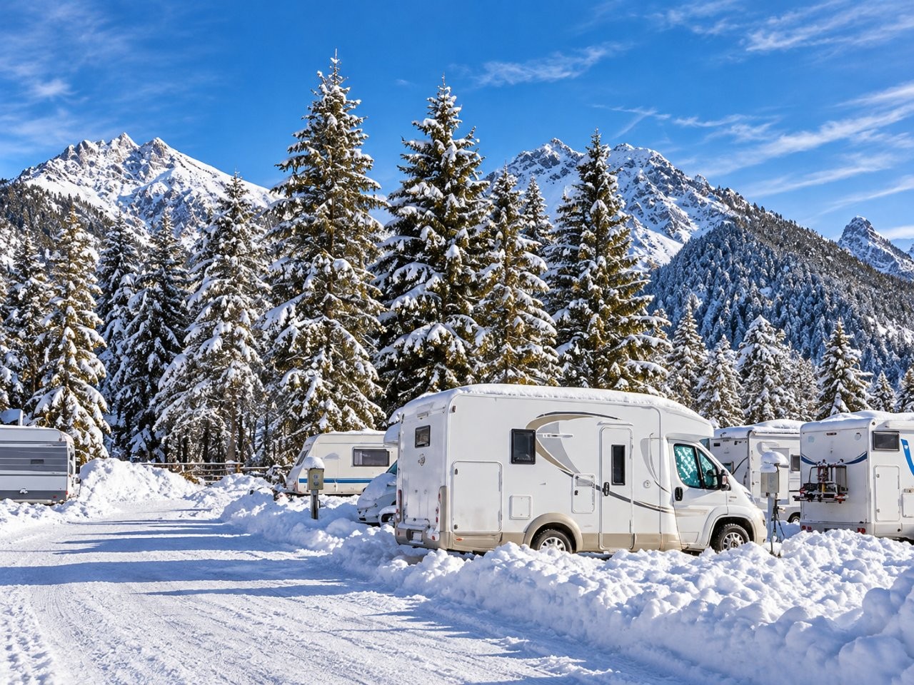 Campeggio alpino innevato tra le montagne con camper in sosta