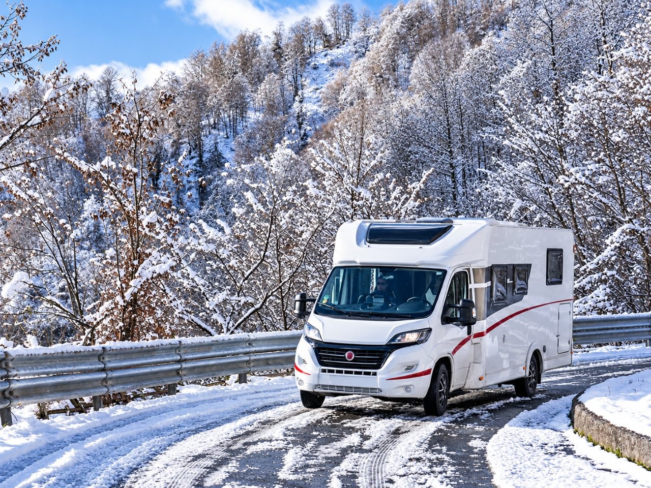 Camper in viaggio su una strada alpina innevata