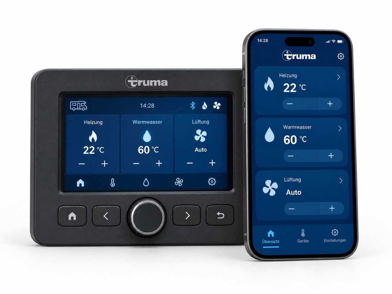 Pannello di controllo smart del riscaldamento Truma con display blu